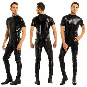 Lüks lateks Catsuit erkek kısa kollu fermuar kasık tam giyisi Clubwear Leotard