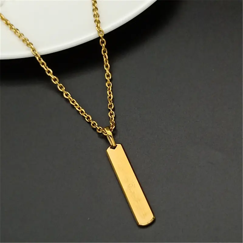 18K Gold Stainless Steel Cast Long Pendant Necklace CNC Cutting Double-sided Brushed Side Smooth Pendant Necklace