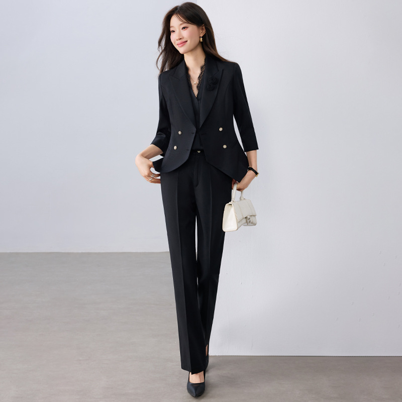 Black suit trousers with floral pattern