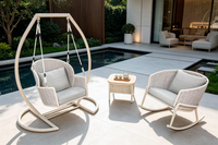Fauteuil suspendu de jardin moderne, élégant et tendance, chaise œuf en corde tressée pour terrasse extérieure avec structure métallique et coussin imperméable