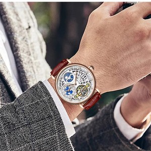 Montre mécanique pour homme KINYUED, mouvement automatique, phase de lune, bracelet en cuir, étanche 3ATM, plusieurs fuseaux horaires - Product Image 5