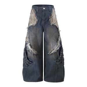 Celana Jeans Pria Cotton Fashion Nova Rajutan Musim Dingin Streetwear Pinggang Tinggi Custom Pita Rumbai Lubang Patchwork Model Kaki Melengkung - Product Image 1