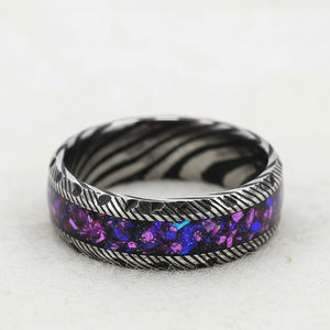 Bague de fiançailles ou de mariage personnalisée en acier damas 8 mm avec incrustation d'<span class=keywords><strong>opale</strong></span> galactique, tendance, plaquée <span class=keywords><strong>noire</strong></span>, pour homme, femme, couple - Product Image 2