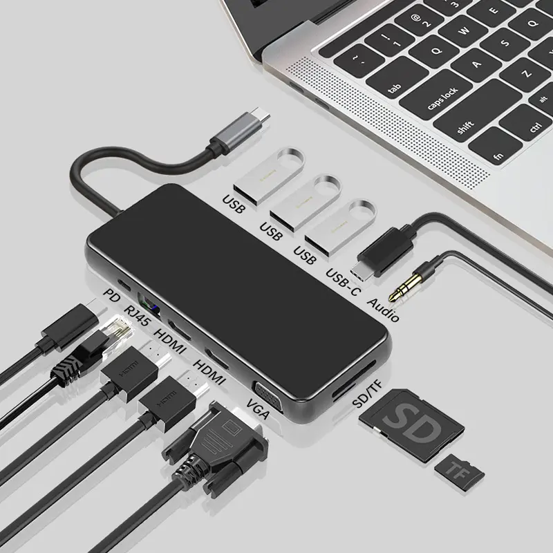 Fabriek Beste 12 Poort Usb C Hub Naar 87W Pd Opladen En Hd Mi Usb 3.0 Sd/Tf Kaartlezer En Vga Amd Rj45 Adapter