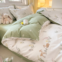 40s Coton 4 pièces Cute Cartoon Flower Duvet Cover Sheet Flat Sheet Set AB Side Reversible Use for Adults