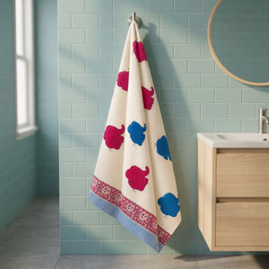 Ensemble de serviettes de bain en coton gaufré imprimé à la main style indien motif éléphant, séchage rapide, écologique, motif floral, rectangulaire, pour la maison - Product Image 2