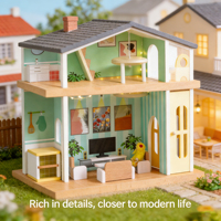 Rumah Boneka Kayu Gaya Kartun Model Mini Edukatif DIY Furnitur Simulasi Kayu Grosir Kustom Villa Elevator Bercahaya