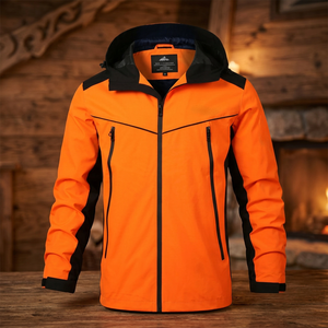 Men's Orange Windproof Hooded Jacket With Zipper Closure Sporty Style Winter Outdoor Wear Polyester Material - Product Image 4
