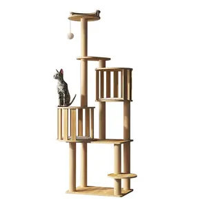 Menara panjat kucing pohon kucing kayu padat, menara Modern sederhana untuk memanjat memanjat ekstra tinggi