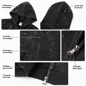 Cardigan à capuche zippé pour homme avec strass, 450 g/m², effet délavé, style streetwear américain vintage, personnalisable avec logo - Product Image 2