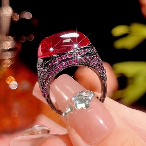 High Quality Jewelry Eco-friendly Copper Black Gold Plated Oval Cut 13*18MM Red Corundum Zircon Vintage Black Gold <b>Rings</b> Women - Product Image 6