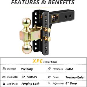 Enganche de remolque ajustable XPE con receptor de 2.5 pulgadas, elevación de 6 pulgadas, soporte de bola doble con bolas de 2 y 2.5/16 pulgadas para camiones y coches - Product Image 3