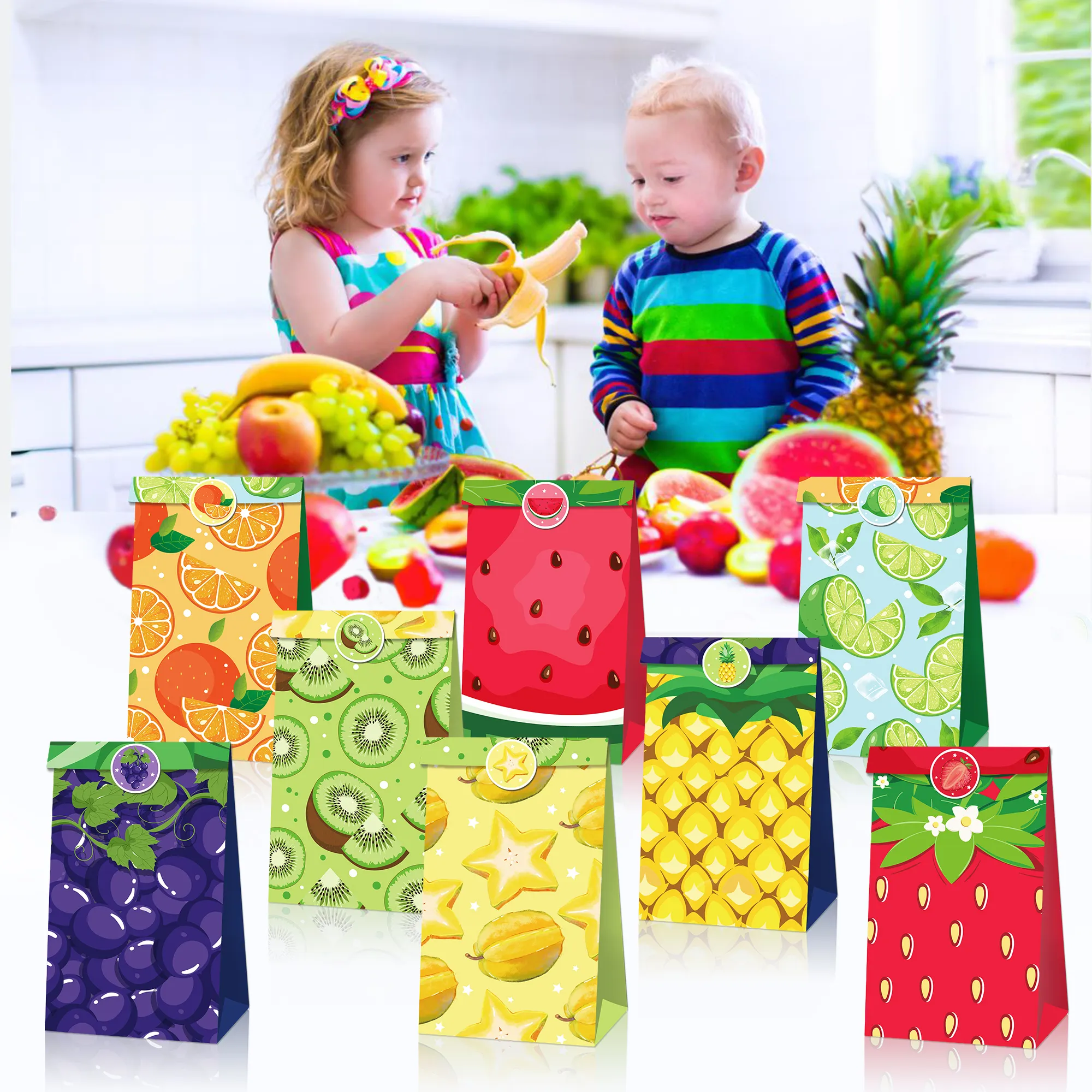 Xindeli LB195 Fruits d'été pastèque bonbons Goodies traiter sac cadeau en papier avec autocollants pour la fête des enfants