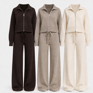 Ensemble pull tricoté zippé à revers pour femme, veste en maille classique et pantalon large, tenue décontractée douce et tendance, directement de l'usine OEM ODM - Product Image 1