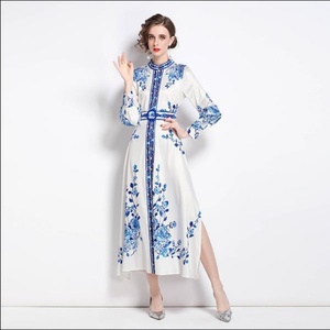 Robe longue <span class=keywords><strong>bohème</strong></span> <span class=keywords><strong>chic</strong></span> pour <span class=keywords><strong>femme</strong></span>, imprimé floral, col montant, manches lanternes longues, fendue, ceinturée, pour soirée, printemps-automne - Product Image 3