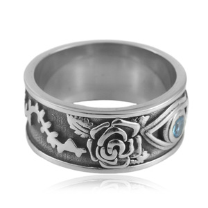 Men's <b>Titanium</b> Steel <b>Ring</b> Silver Floral Design Bezel Set Blue Stone Punk Style Jewelry Gift 24049 - Product Image 2