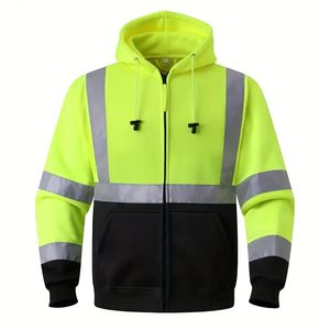 Sweat à capuche <span class=keywords><strong>de</strong></span> sécurité réfléchissant lavable pour hommes, manches longues, ourlet élastique et poches latérales, <span class=keywords><strong>veste</strong></span> <span class=keywords><strong>de</strong></span> travail d'hiver à fermeture éclair pour hommes - Product Image 1