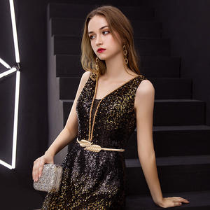 2024 Nova Chegada Elegante Ouro Preto Fenda Pescoço Doce Longo Noiva Partido Sem Mangas Lantejoulas <span class=keywords><strong>Prom</strong></span> Vestidos Andar de comprimento Vestido de Noite - Product Image 5