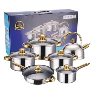 Cross border export colorful stainless steel set pot Non-stick surface 12 piece set gold plated handle stainless pots set pot