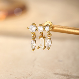 Pendientes de Plata Sólida S925 con Borla Geométrica, Cadena y Zirconia, con Cierre de Rosca Plano, Diseños Variados - Product Image 2