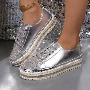 Zapatos de mujer de estilo deportivo poco profundo con punta redonda y cordones de diamantes de imitación de fondo grueso informal de Otoño de gran tamaño - Product Image 6