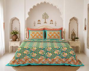 Drap plat en coton imprimé à la main, style bohème floral indien, pour lit Queen ou King, fabriqué à Jaipur - Product Image 1
