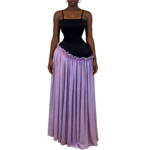 เดรสแม็กซี่จับจีบแต่งระบายสีตัดกันสำหรับผู้หญิง - เดรสสายเดี่ยวแบบเป็นทางการ แต่งผ้าแบบ Patchwork แฟชั่น - Product Image 1