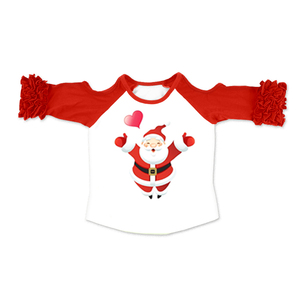 Camiseta de Manga Larga con Volantes y Hombros Descubiertos para Niñas, Camiseta Raglán con Estampado Navideño de Santa Claus - Product Image 1