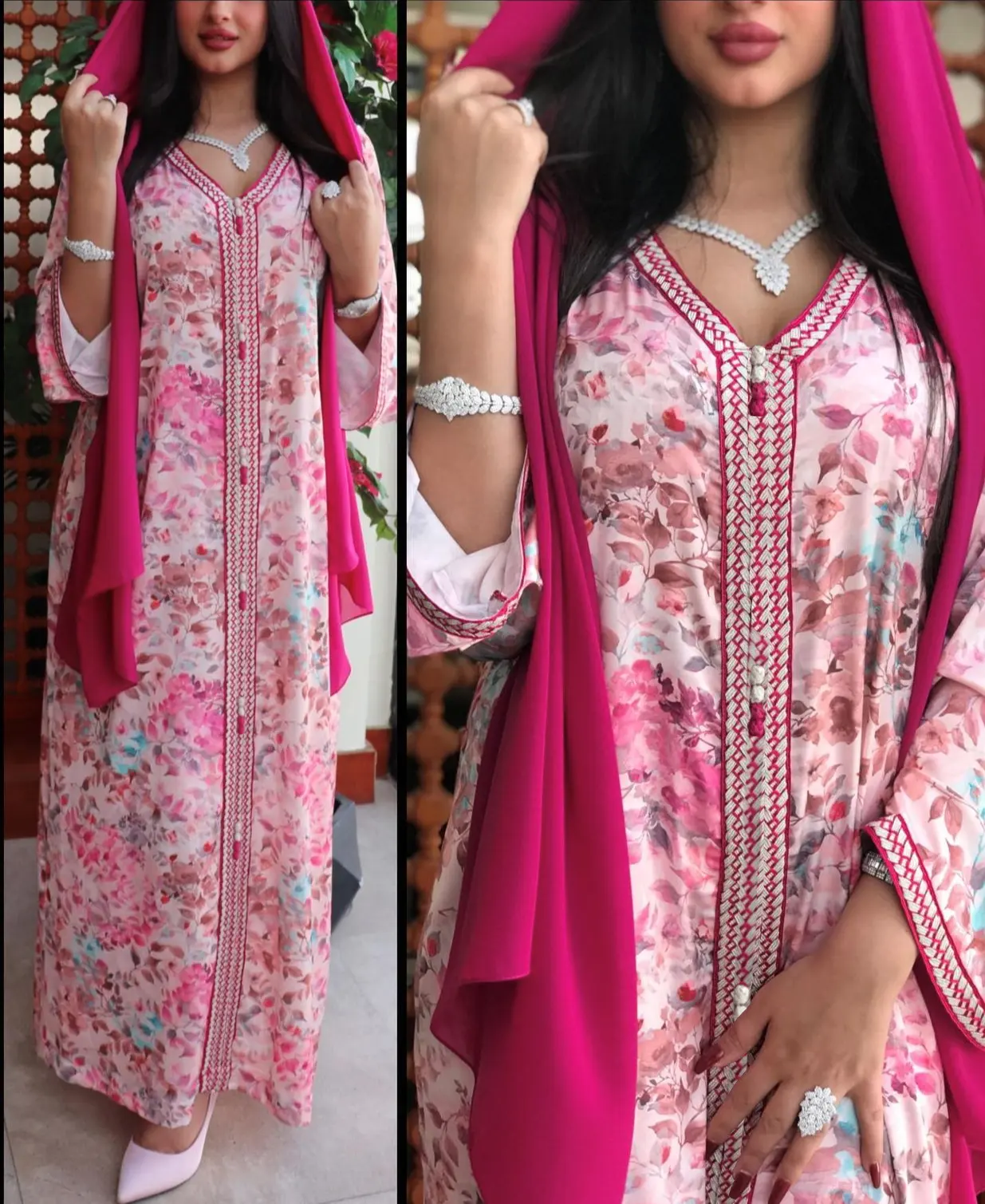 Wdxp134 Furui Gaun Panjang Wanita Arab, Gaun Panjang Arab Motif Floral Warna Pink Dubai