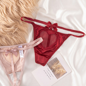 Tanga de satén sexy con panel de corazón transparente y Detalle de lazo en la espalda, ropa íntima romántica <span class=keywords><strong>para</strong></span> mujer - Product Image 2