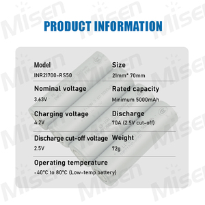 Celdas de Iones de Litio RS50 de Alta Tasa de Descarga 70A, Baja Temperatura -40°C, 21700, 3.7v, 5000mAh, INR21700, Batería de Iones de Litio 21700 - Product Image 2