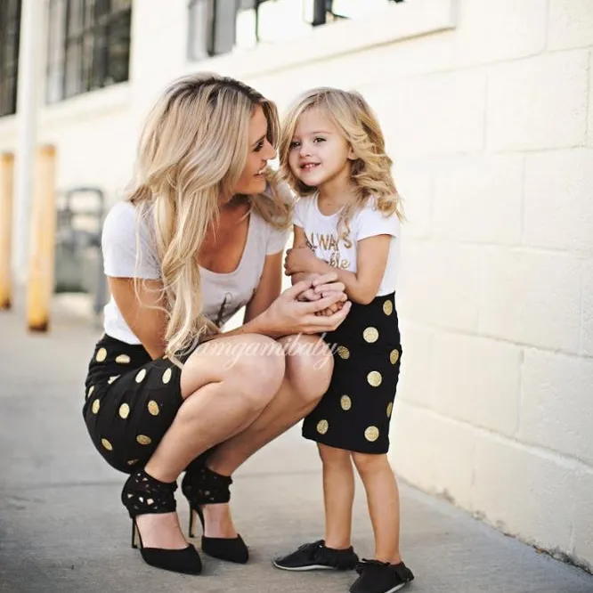 2 pieces white cotton tshirt and dot skirts mom and kids matching mom and daughter matching dresses