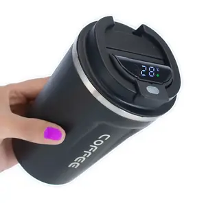 新しいHOT500MLスマートLEDステンレススチールコーヒーマグ、漏れ防止蓋付きカートラベルマグ、ロゴ付き