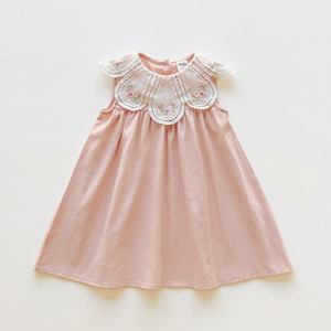 Robe pour enfants brodée de fleurs vintage - Robe pour enfants <span class=keywords><strong>à</strong></span> col en pétales festonnés, robe sans manches en coton doux pour fillette - Product Image 6