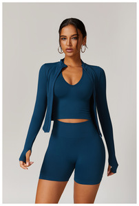 Giacca da Yoga senza cuciture da donna <span class=keywords><strong>Leggins</strong></span> per Fitness reggiseno sportivo con cappuccio pantaloncini da motociclista 4 pezzi da ginnastica Conjuntos De Yoga Leggings Set di Mujer - Product Image 6