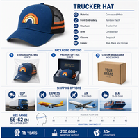 Casquette Trucker Bleue Personnalisée avec Patch Brodé Arc-en-ciel, Dos en Maille, Visière Courbée, Fermeture Snapback, Réglable, Vente en Gros, OEM, Faible MOQ