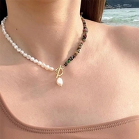 Collar de Perlas de Agua Dulce y Cristal de Fresa Hecho a Mano, Longitud Personalizada, Cierre de Acero Inoxidable OT