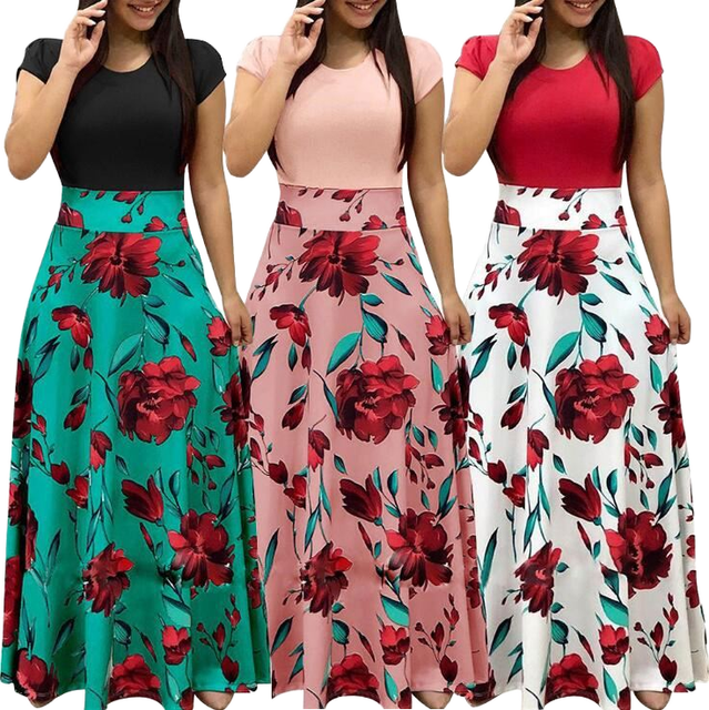 New Fashion Women's Summer Maxi Dress Floral Printed High Waist Washable Short Sleeve Plus Size Women Dress