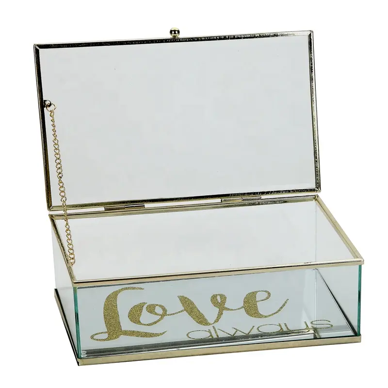 Vintage Style Brass Metal & Clear Glass Jewelry Box with Hinged Top Lid and Love Printing