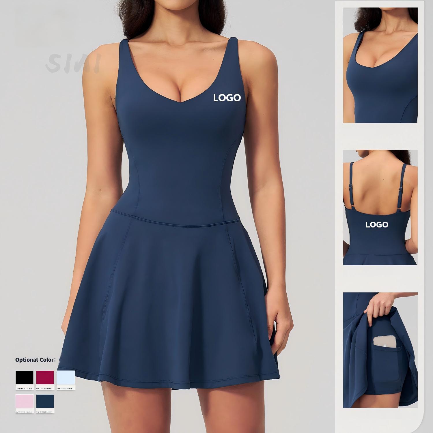 Solid Color Deep V Neck Spaghetti Strap Yoga Dress With Pockets High Waist Seamless Quick Dry Sport Wear