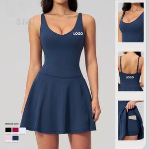 Solid Color Deep V Neck Spaghetti Strap Yoga <b>Dress</b> <b>With</b> <b>Pockets</b> High Waist Seamless Quick Dry Sport Wear - Product Image 1