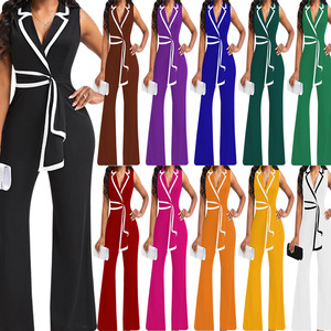 <span class=keywords><strong>Combinaison</strong></span> élégante pour <span class=keywords><strong>femme</strong></span> à col en V, sexy, avec bordure contrastante, sans manches, <span class=keywords><strong>pantalon</strong></span> large, avec ceinture, grandes tailles, tenue de bureau – Grande Vente - Product Image 1
