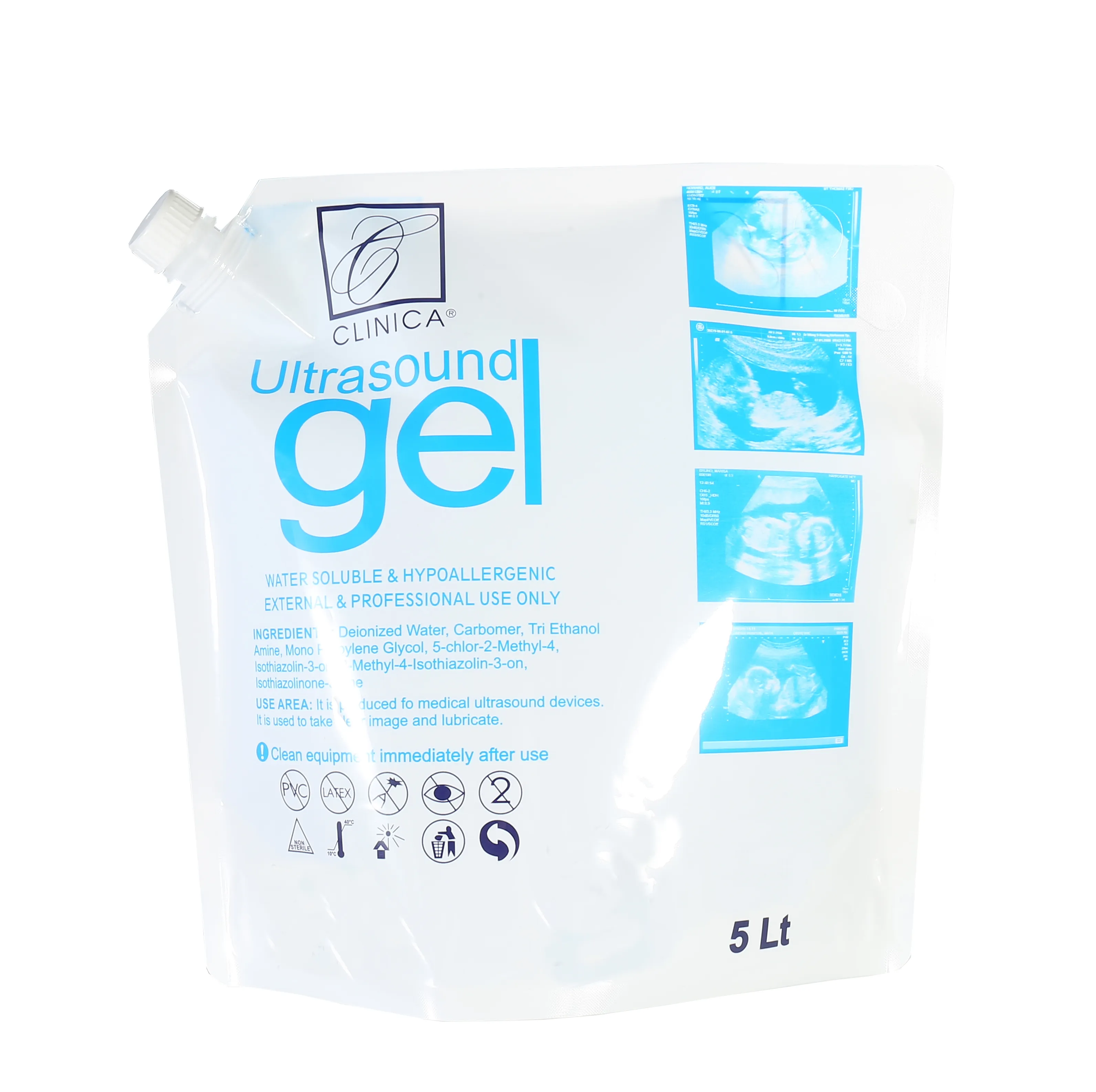 5 litres agent de couplage en plastique emballage stand up bec pouch for medical CE-GEL couplant gel echo gelée avec poignée