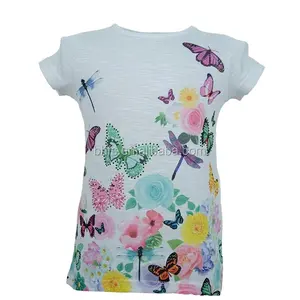 Camiseta com estampa de borboletas e flores, camiseta de manga curta para meninas