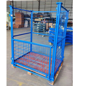 Chariot <span class=keywords><strong>de</strong></span> manutention pliable en acier avec cage métallique et palette en bois, robuste pour entrepôt - Product Image 4