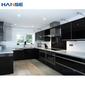 Son çıkan özelleştirilmiş düz mutfak modern tasarımlar parlak siyah lake kaplama modüler mutfak dolabı