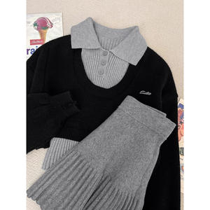 Ensemble pull et jupe courte en maille polyester/coton pour femme, col rabattu, gris et noir, style vintage, anti-boulochage - Product Image 1