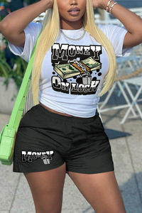 Conjunto Deportivo de Verano para Mujer, Camiseta de Manga Corta y Pantalones Cortos, Dos Piezas, Estampado, Diseño Moderno, Estilo Urbano Informal, 100% Poliéster - Product Image 2