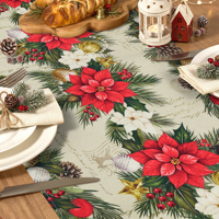 Chemin de table de Noël Poinsettia 210 GSM, décorations de Noël, fleurs rouges et blanches, feuilles, cloches de Noël, décoration de table de cuisine et de salle à manger