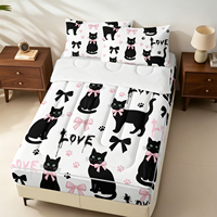 Juego de Ropa de Cama con Cierre y Estampado de Gato Negro y Lazo Rosa, Edredón Acolchado con Sábana Ajustable para Decoración de Dormitorio de Adolescentes